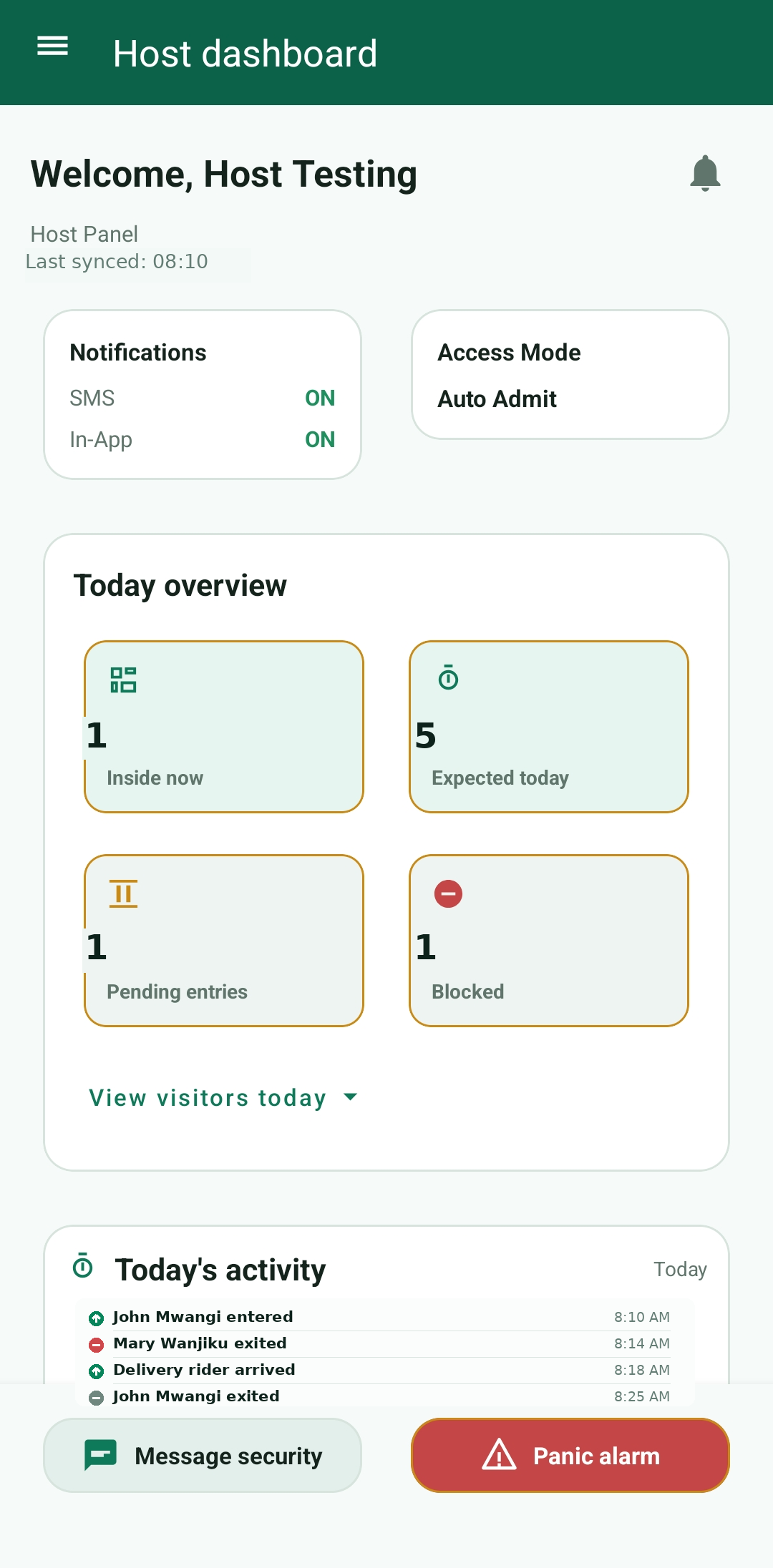 GuestPass visitor management system mobile host dashboard showing guest counts, notifications, today activity, message security, and panic alarm controls